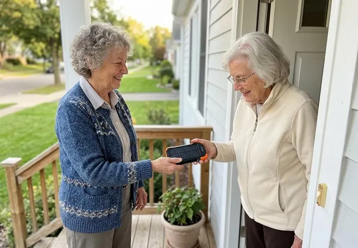 A woman handing a sealed seed vault pouch to an older neighbor standing in her front doorway.