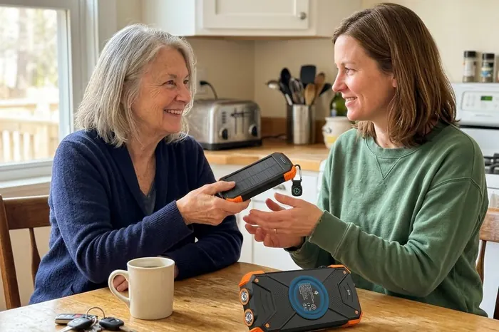 An older woman handing one of two solar power banks to her adult daughter at a kitchen table